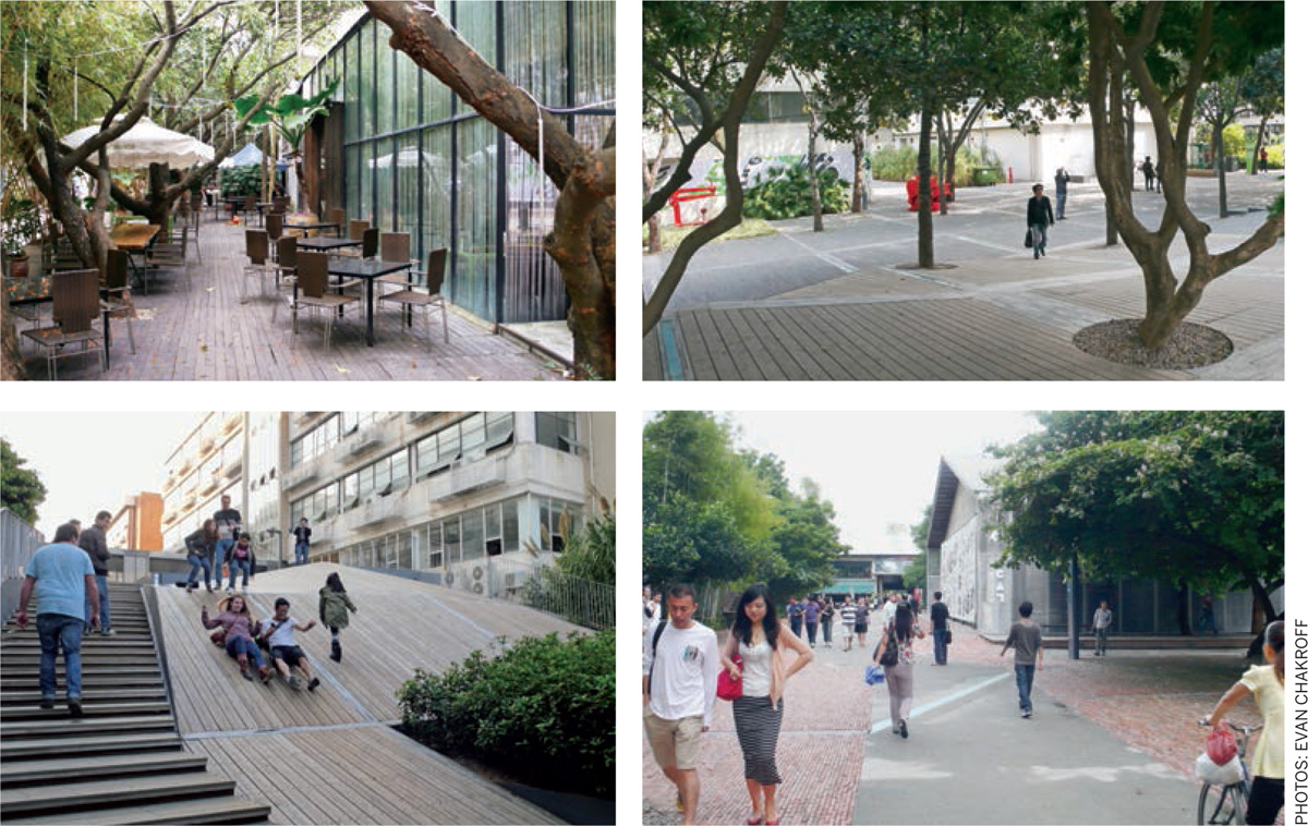 China’s-Garden-City-Brick-stone-wood-paved-pedestrian-zones-shaded-cafes-playful-sloping-roofs-characterise-outdoor-spaces-OCT-Loft