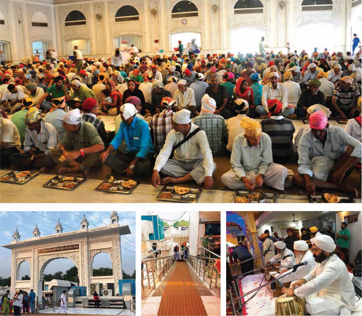 Spiritual-Space-People-having-langar-Main-entrance-gate-Ramp-staircase-Ragis-performing-Shabad