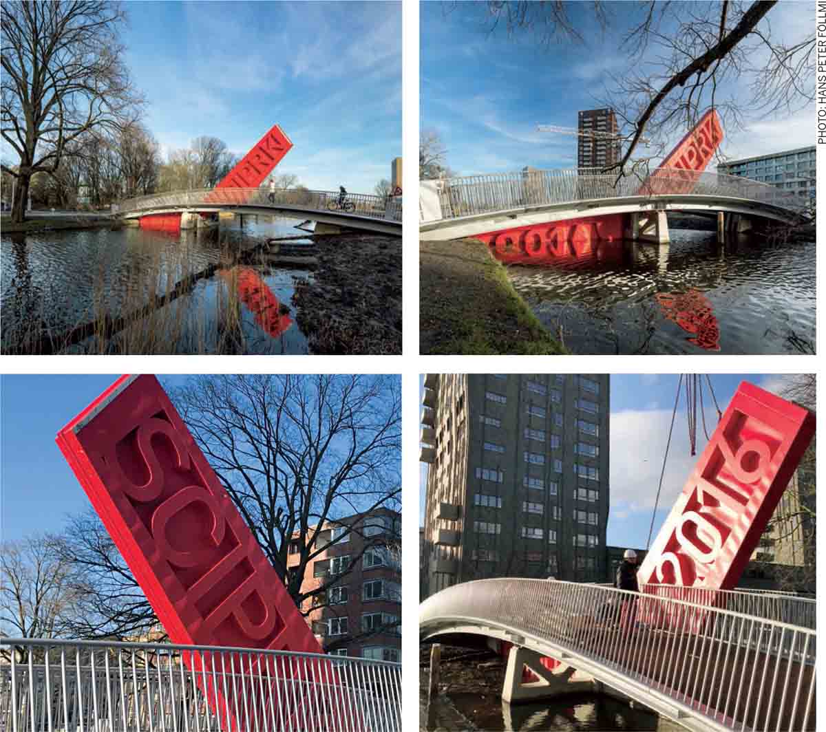 Industrial-Design-Discipline-Maria-Sklodowska-Curie-Bridge-bicycle-pedestrian-water-retaining-gate-Amsterdam-Science-Park-inscription-Assembly-counterweight