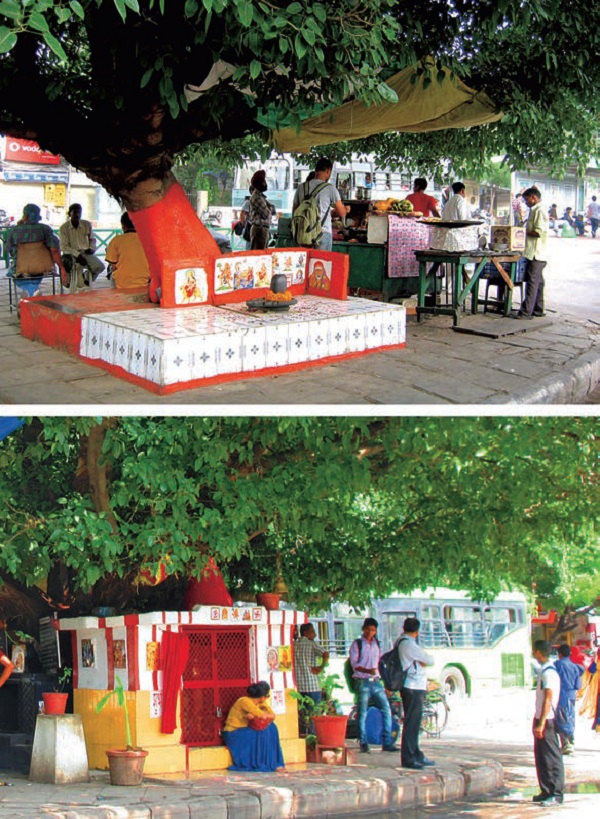MILLENNIAL-PARADIGM-INDIAN-URBANISM-Consecrated-Tree-Evolution-wayside-tree-shrine-New-Delhi--2013-sky-platform-lingam-2017-secured-built-structure
