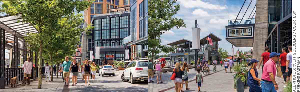 Streets-New-Frontiers-Public-Space-Woonerf-Wharf-DC-pedestrians-eliminating-cars-Rows-street-furniture-light-poles-granite-bollards-stripes-paving-separating-walkways-shared-