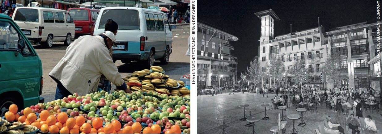 Making-Johannesburg-Liveable-informal-street-trader-mini-bus-taxis-occupying-edges-leftover-spaces-inner-city-Melrose-Arch-Square-multi-use-2004