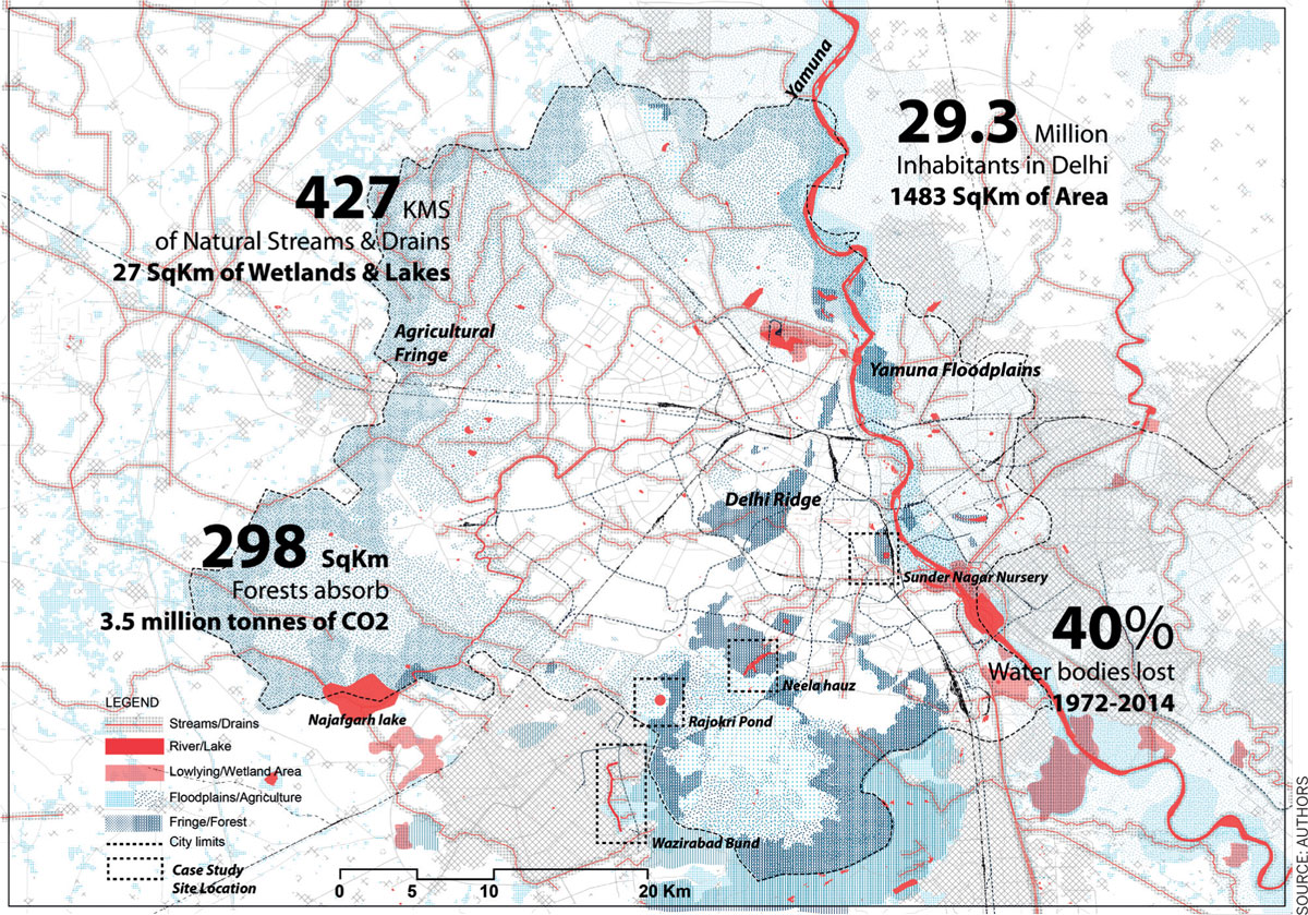 Alleviating-Climate-Change-Elevating-Urban-Resilience-Delhi-landscape-structure-2019-highlighting-waterbodies-drainage-floodplains-wetlands-periphery