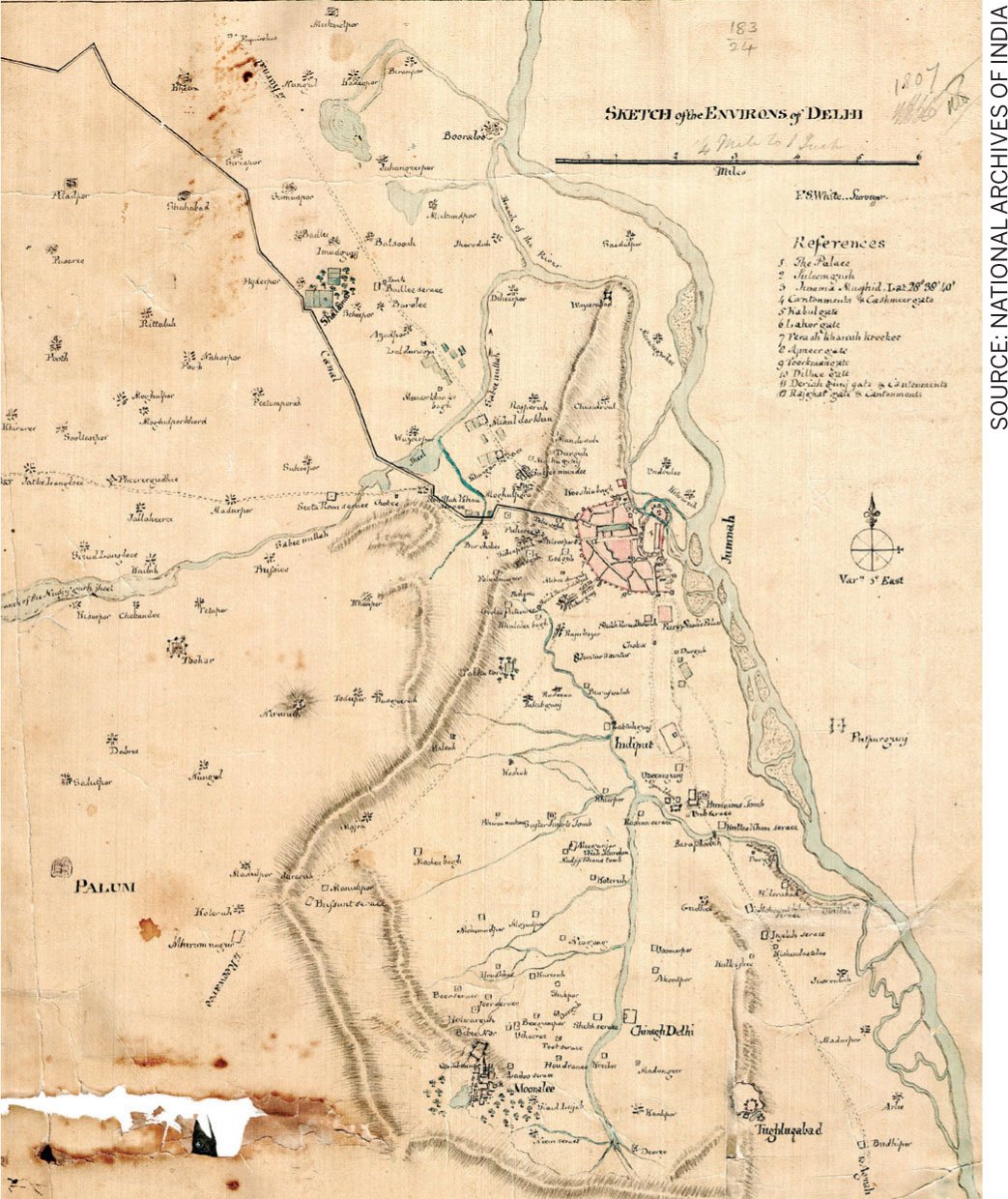 Alleviating-Climate-Change-Elevating-Urban-Resilience-Sketch-environs-Delhi-1807-highlighting-city’s-unique-position-between-Yamuna-River-forested-ridge-waterbodies