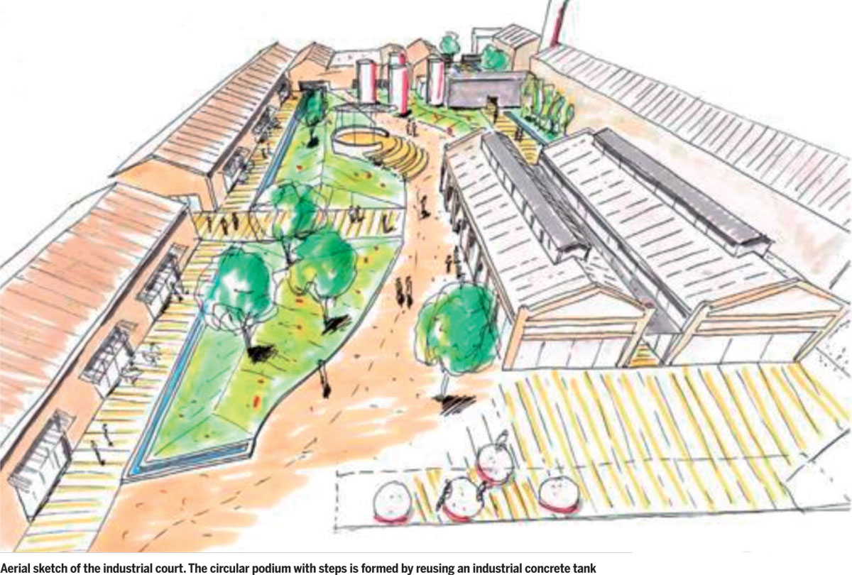Art-Culture-Dynamos-Urban-Redevelopment-Aerial-sketch-industrial-court-circular-podium-reusing-concrete-tank