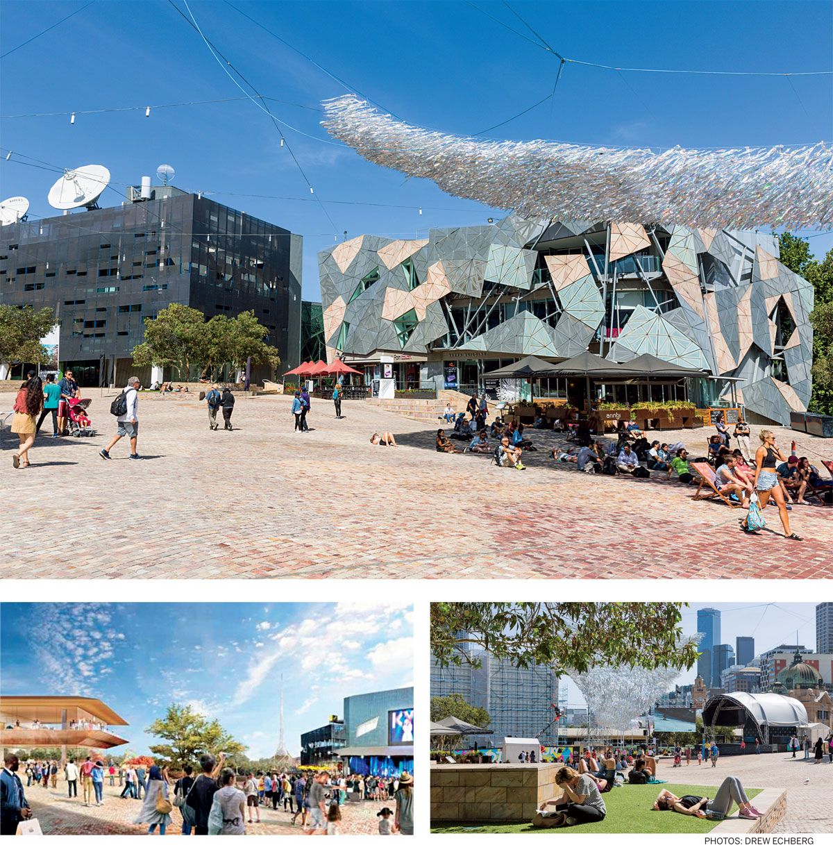Workshopping-Public-Spaces-Existing-Federation-Square-Apple-building-Artist’s-impression