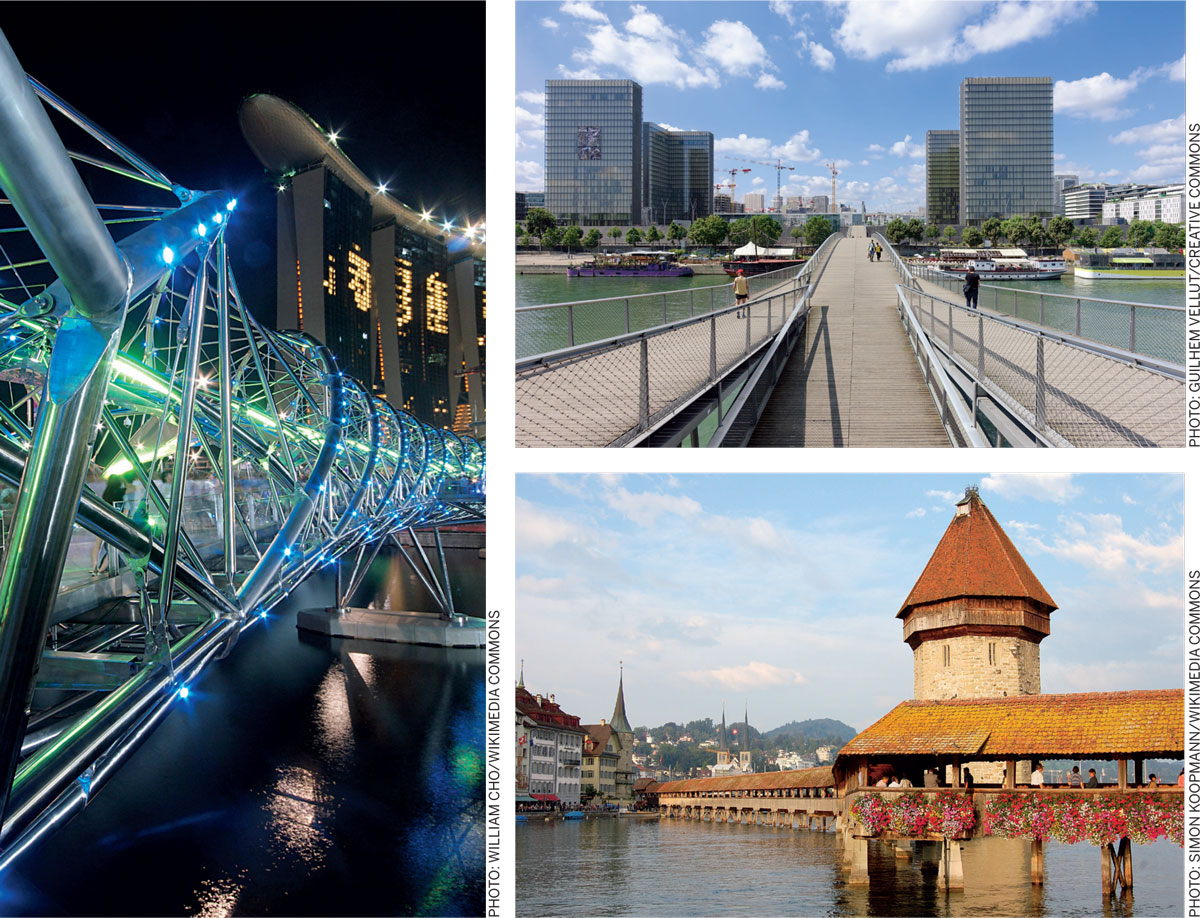 Bridges-Public-Spaces-Helix-Bridge-Singapore-Simone-de-Beauvoir-Paris-France-Kapellbrucke-Luzern-Switzerland