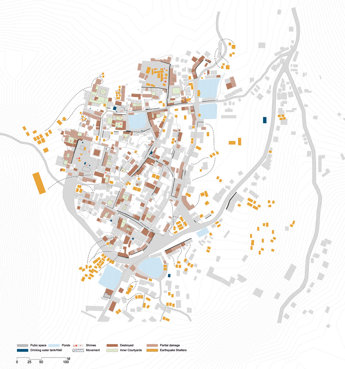 Designed-Disaster-Gardener’s-Square-occupied-temporary-shelters-post-earthquake-Playground-transformed-additional-layer-shelters-debris-collection-Activity-Map-Bungamati