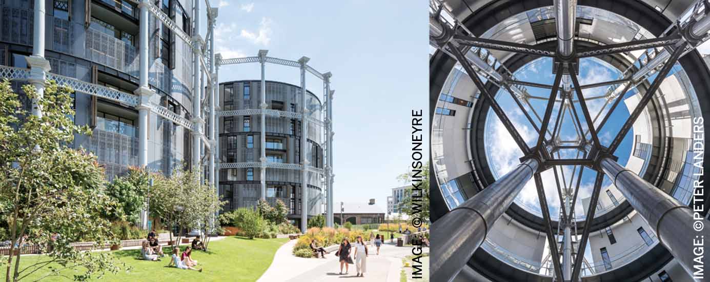 designing-adaptability-gasholders-london-adaptive-reuse-pair-century-old-cast-iron-frames-residential-development-Wilkinson Eyre-view-internal-courtyard-showing
