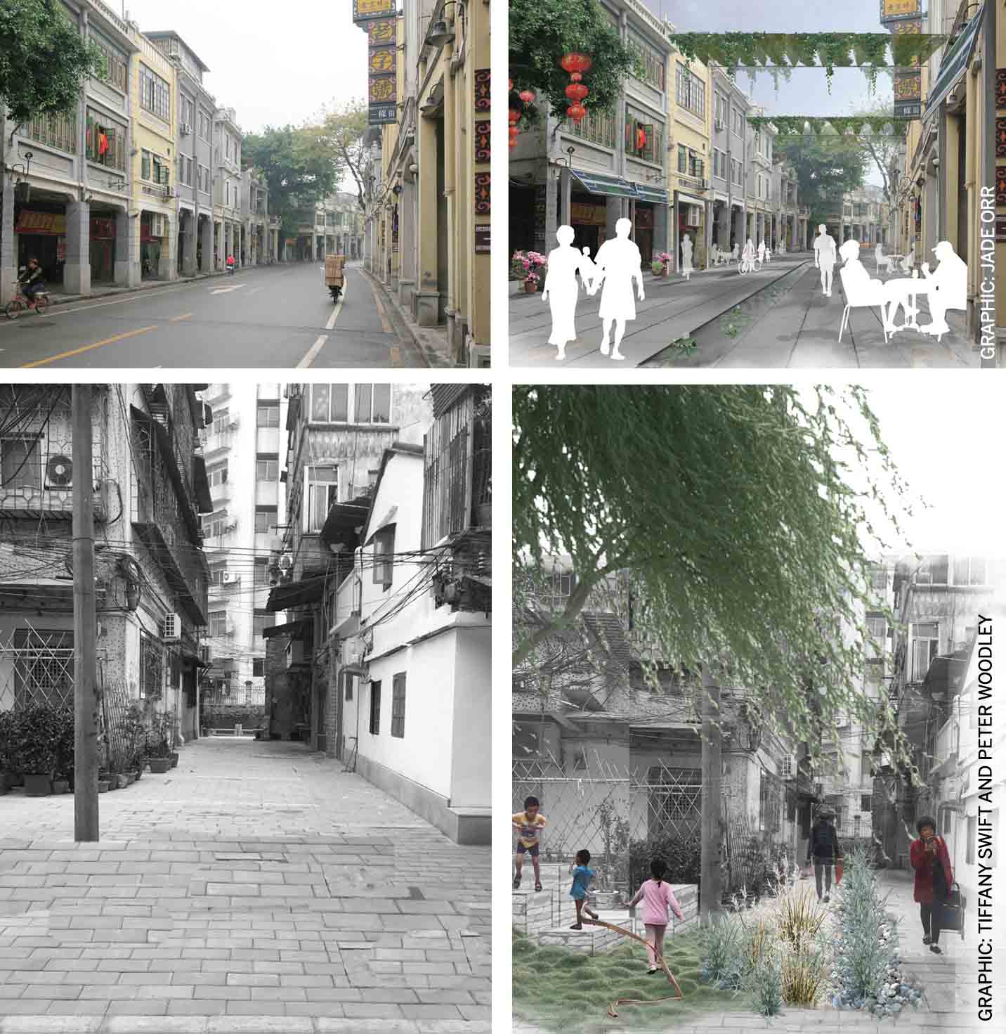 qilou-hong-balancing-continuity-change-old-guangzhou-potential-re-design-enning-road-completely-pedestrian-area-allowing-activity-spill-out from the arcades into the street bottom: potential enhancement of hong to create a bioswale, filtering water from the lanes before it enters the overall water system in the canals, while increasing green space for the community