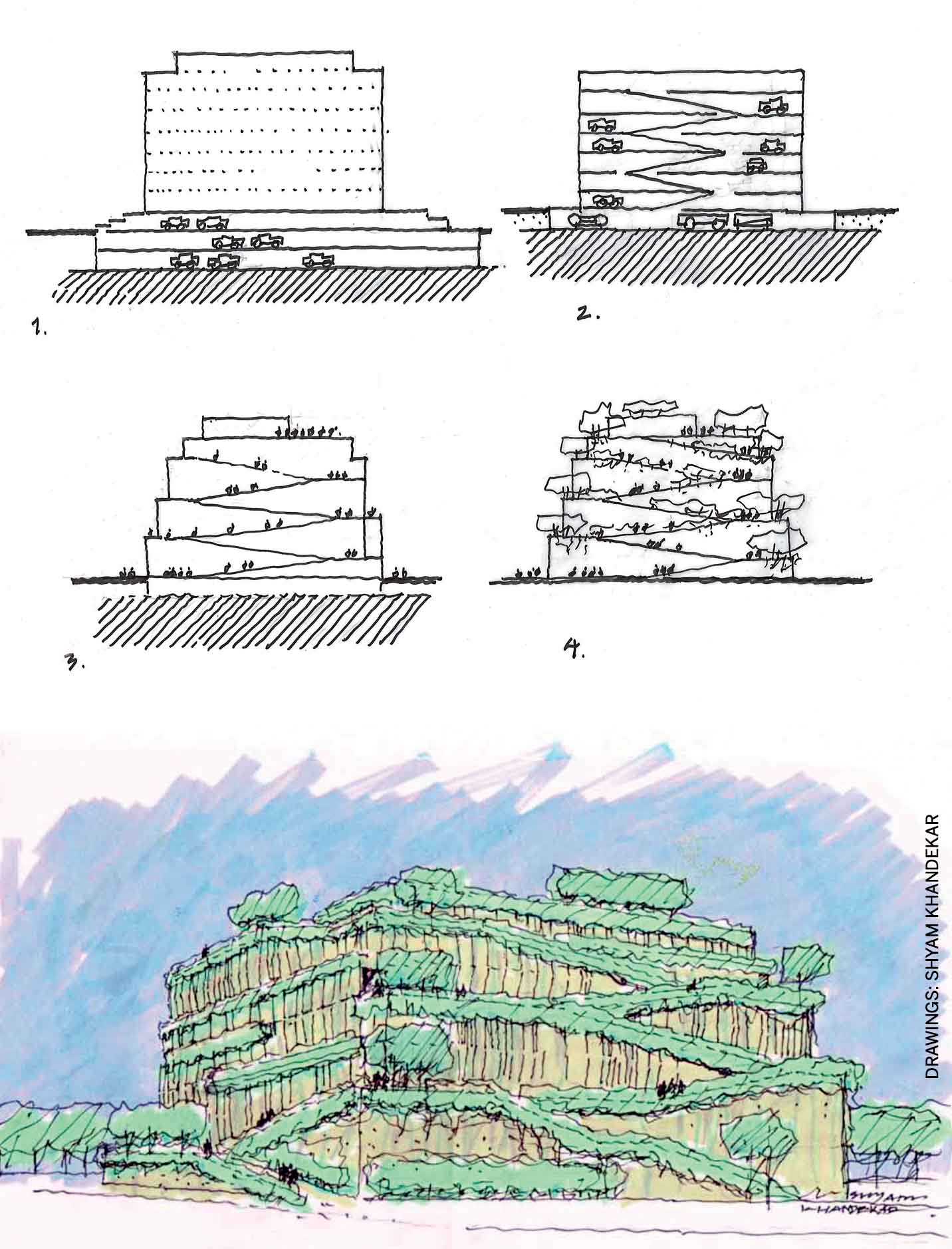 landscaping-multilayered-parking-structure-evolution-garage-rocky outcrop-office-building-with-few-layers-underground-presence-rock-closer-surface-pushes-structure-above-ground-moulded-climbable-pedestrians-landscaping-gives-look-conceptual-sketch