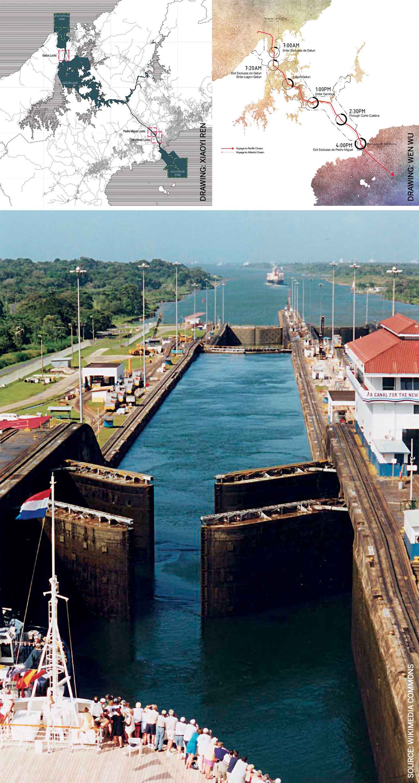 panama-canal-rereading-engineered-mega-landscape-context-timeline-ship-route-through-from atlantic-pacific-gates-one-locks-open-let-ship-through