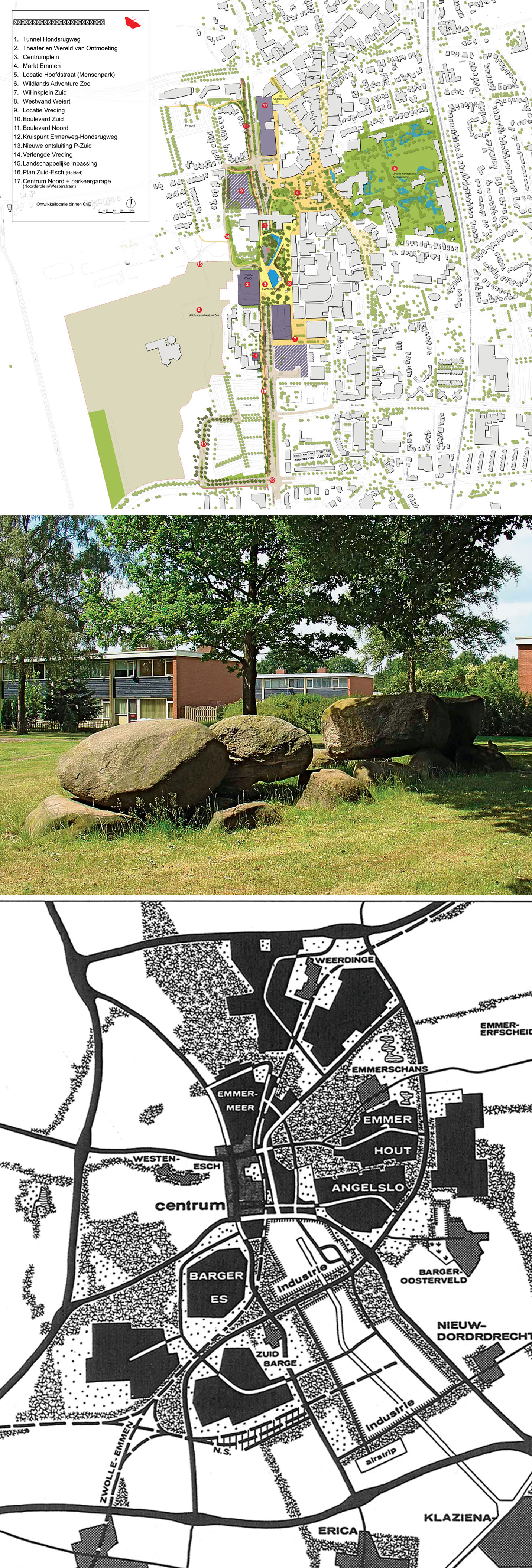 emmen-the-leisurely-city-overview-map-displaying-all-projects-incorporated-programme-centrum-vernieuwing-renewal-cve-formed-combination-infrastructural-architectural-urban-design-landscaping-projects-accommodate-logistical-changes-urban-structure-self-evidence-connection-between-old-new-post world-war-ii-expansions-were-all-based-masterplans-combining-modern-housing-with-rural-setting-spacious urban-layout-open-green-city-from-1960-displaying-series-autonomous-expansion-areas-separated-large-structures